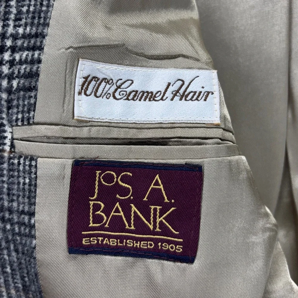 Jos A Bank Sport Coat Mens 44 Camel Hair Glen Plaid‎ Two Button Gray